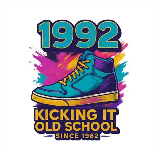 T-Shirt - (White) - „Kicking it old school – since ’92.“